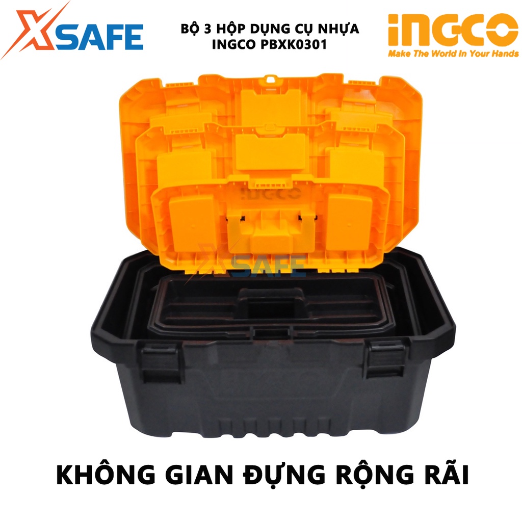 Bộ 3 hộp nhựa đựng dụng cụ INGCO PBX2001 Bộ 3 thùng đựng đồ nghề khóa nhựa PP, tay cầm độ bền cao - Chính hãng [XSAFE]