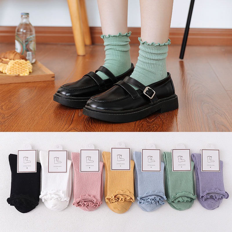 Tất vớ cổ cao bèo nhún nữ loại 1, màu trơn basic thời trang Vintage Hàn Quốc AD11 CUTE ACCESSORIES TOP 1