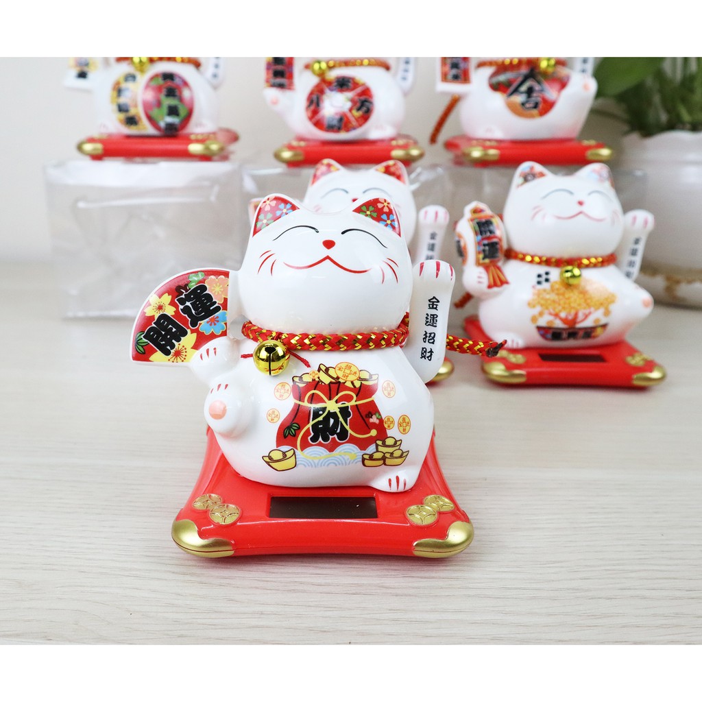 Mèo Thần Tài Vẫy Tay Maneki Neko Dùng Năng Lượng Mặt Trời, Bằng Sứ 11cm - Chiêu Tài Lộc, Kinh Doanh Hồng Phát