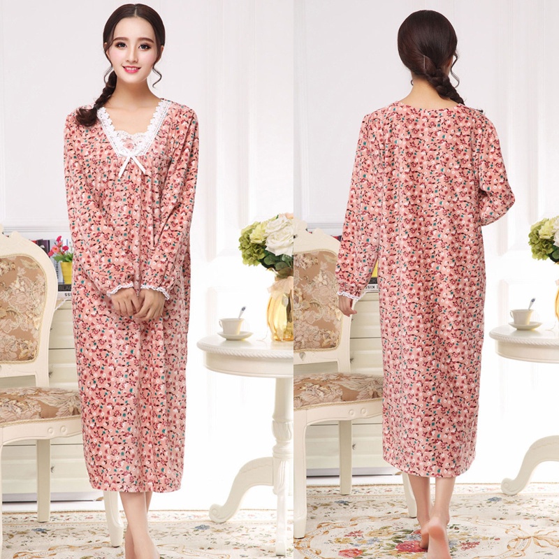 Đầm Ngủ Tay Phồng Dài Cổ Chữ V Phối Ren In Hoa Plus Size