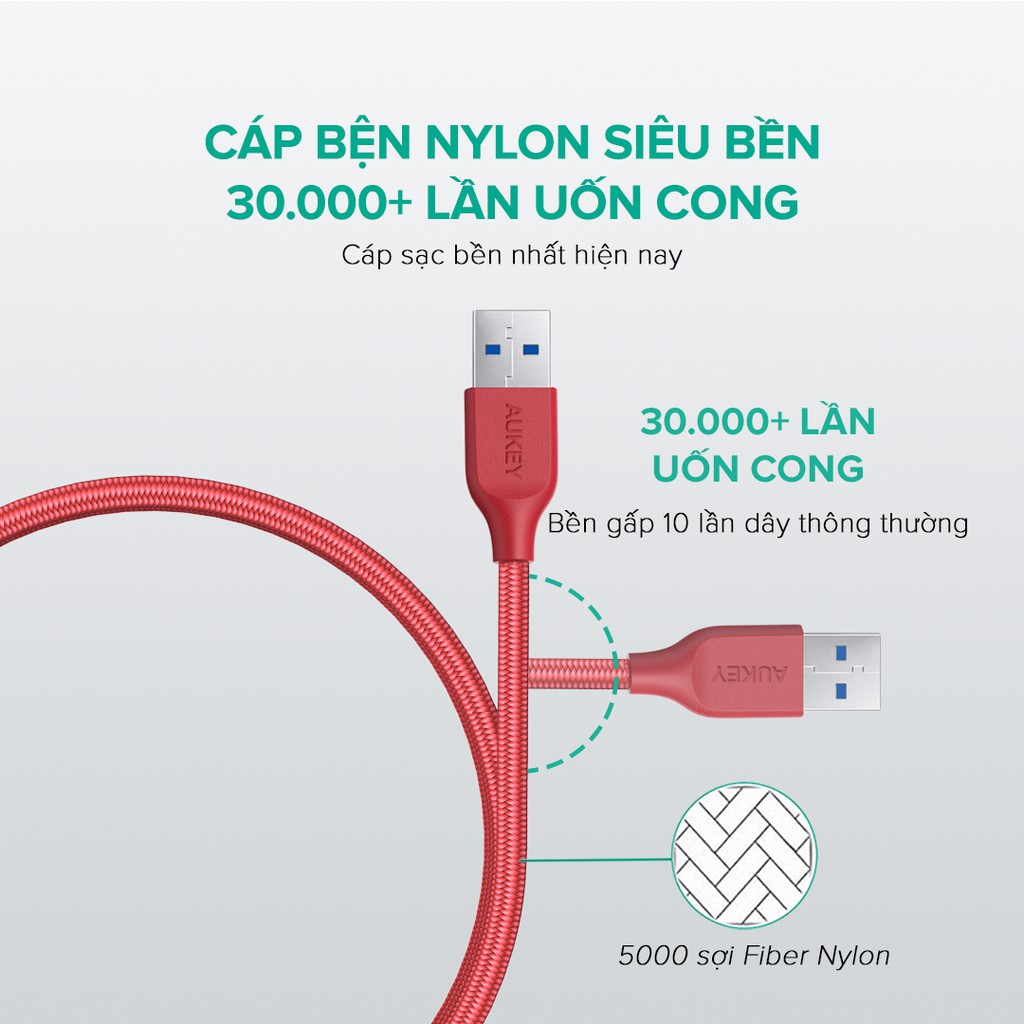 Cáp Sạc Type-C Aukey CB-AC1 Siêu Bền, 1.2 Mét Chống Rối Toàn Diện - Hàng Chính Hãng