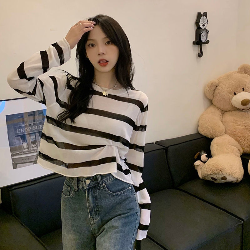 Áo Dệt Kim Mỏng Chống Nắng Họa Tiết Kẻ Sọc Đơn Giản Sáng Tạo