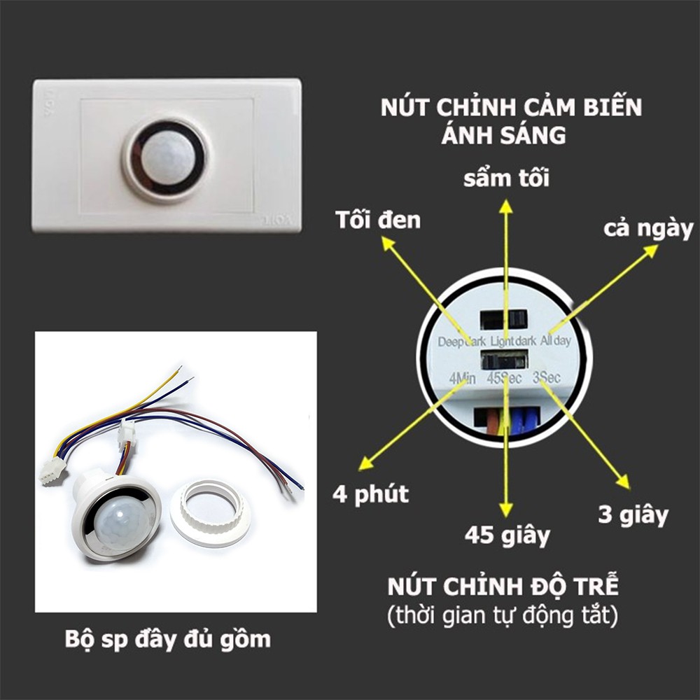 Công tắc cảm biến chuyển động hồng ngoại bật tắt đèn tự động 220V - Có điều chỉnh thời gian và độ nhạy