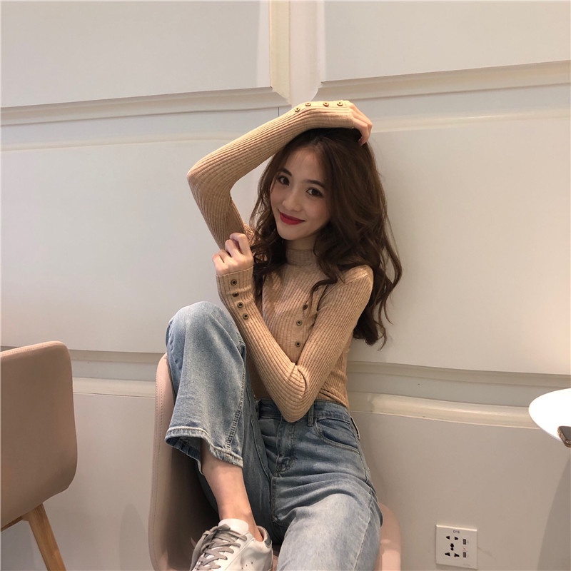 【ZHELIHANGFEI】Áo Len Tay Dài Cổ Lọ Thời Trang Dễ Phối Đồ Cho Nữ