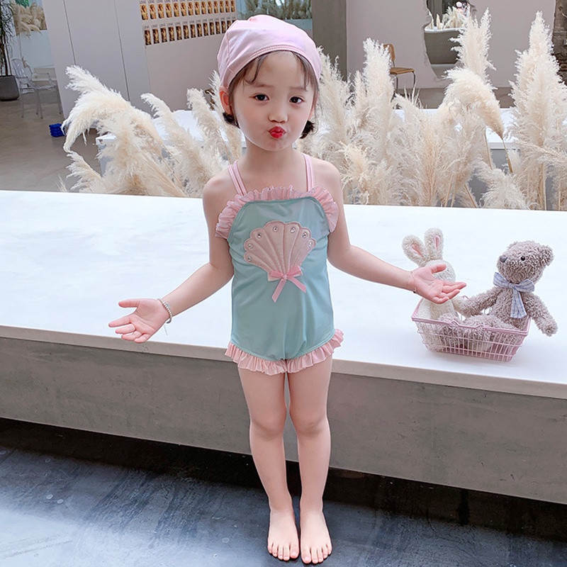 Bộ Đồ Bơi Phối Ren Thêu Hình Vỏ Sò Dễ Thương Cho Bé Gái