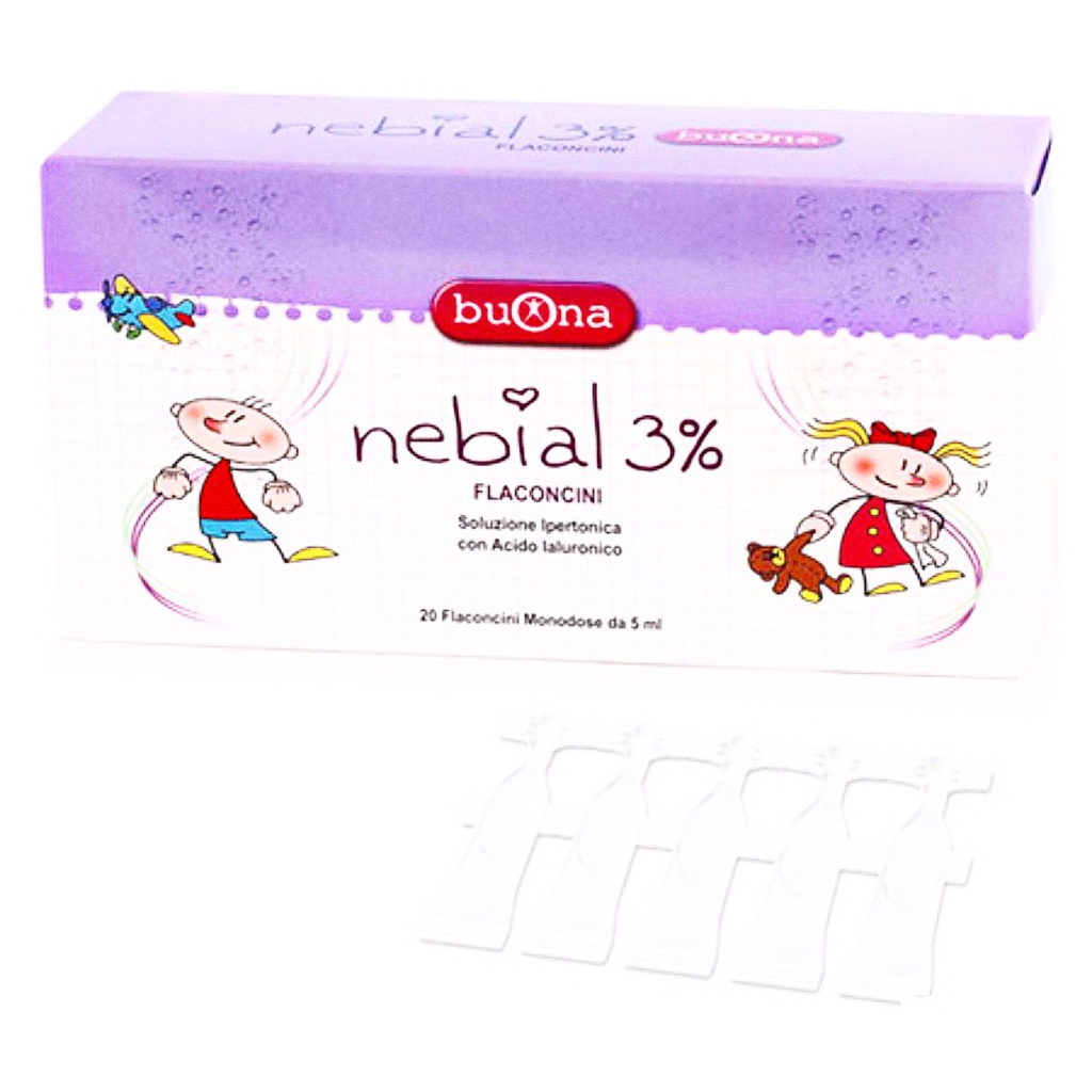 Muối ưu trương Nebial 3% flaconcini. Giúp giảm sổ mũi , ngạt mũi, an toàn cho trẻ sơ sinh ống 5ml (nhập khẩu Ý- Buona)