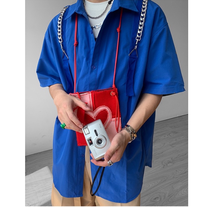 Áo Sơ Mi Tay Ngắn Dáng Rộng Màu Xanh Dương Thời Trang Đường Phố Cho Nữ