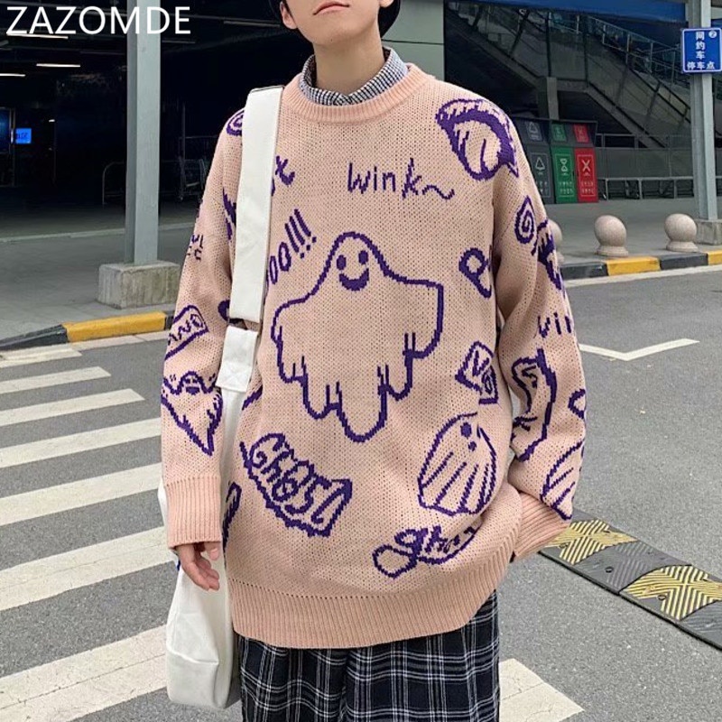 Áo sweater Dệt Kim Chui Đầu Dáng Rộng In Hoạt Hình Kiểu hip-hop Thời Trang Thu Đông Cho Các Cặp Đôi