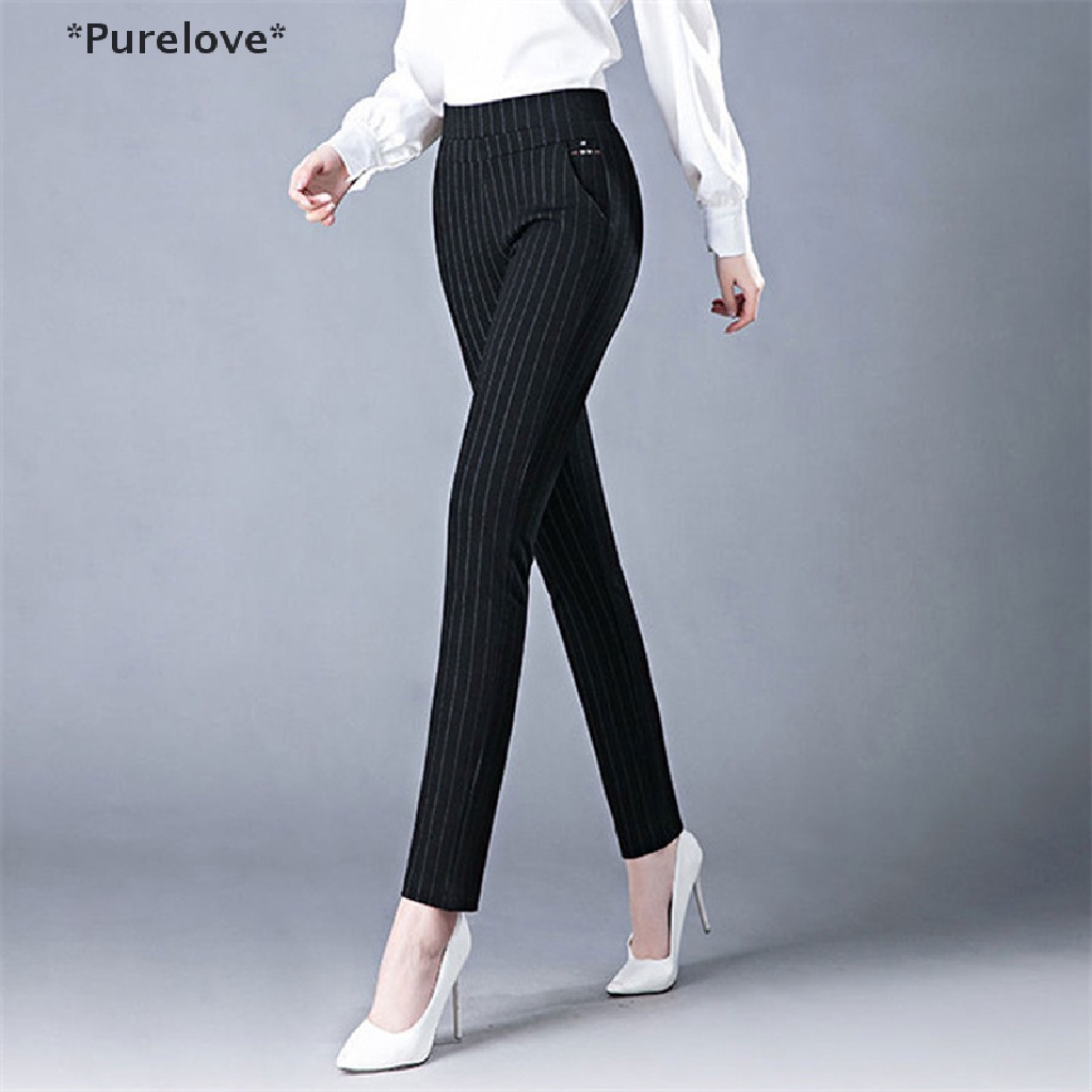 Quần Dài Ống Bút Chì Lưng Thun Họa Tiết Kẻ Sọc Thời Trang Thanh Lịch