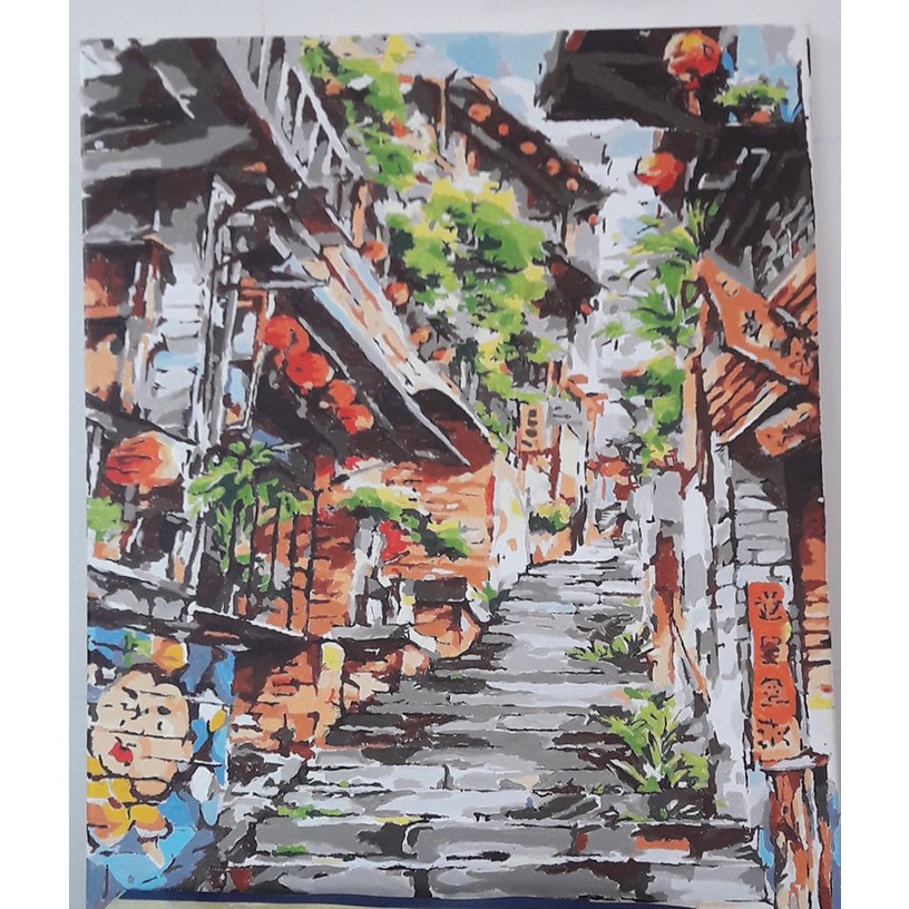 Tranh sơn dầu số hóa tự tô ngõ đèn lồng T377