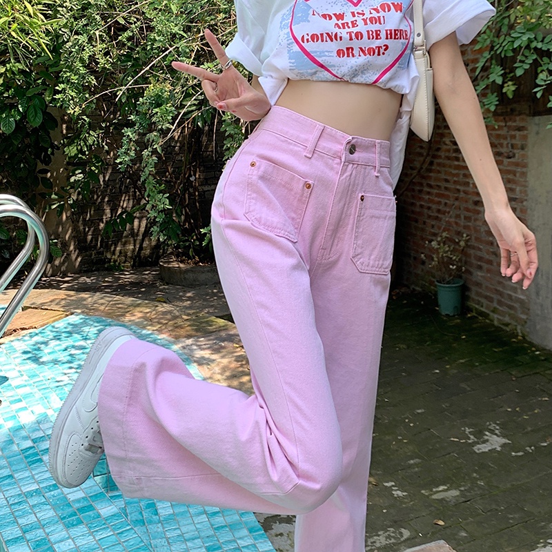 「MOTEL7」Millennium Hot Girl~Quần Denim Ống Rộng Màu Hồng Ống Loe Phong Cách Retro Hợp Xu Hướng Hàng Có Sẵn
