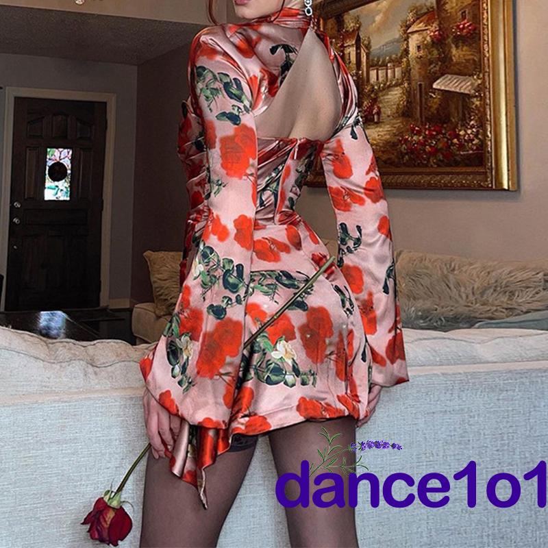 ☽Vh❥Đầm Body Tay Loe Hoạ Tiết Hoa Thiết Kế Khoét Quyến Rũ