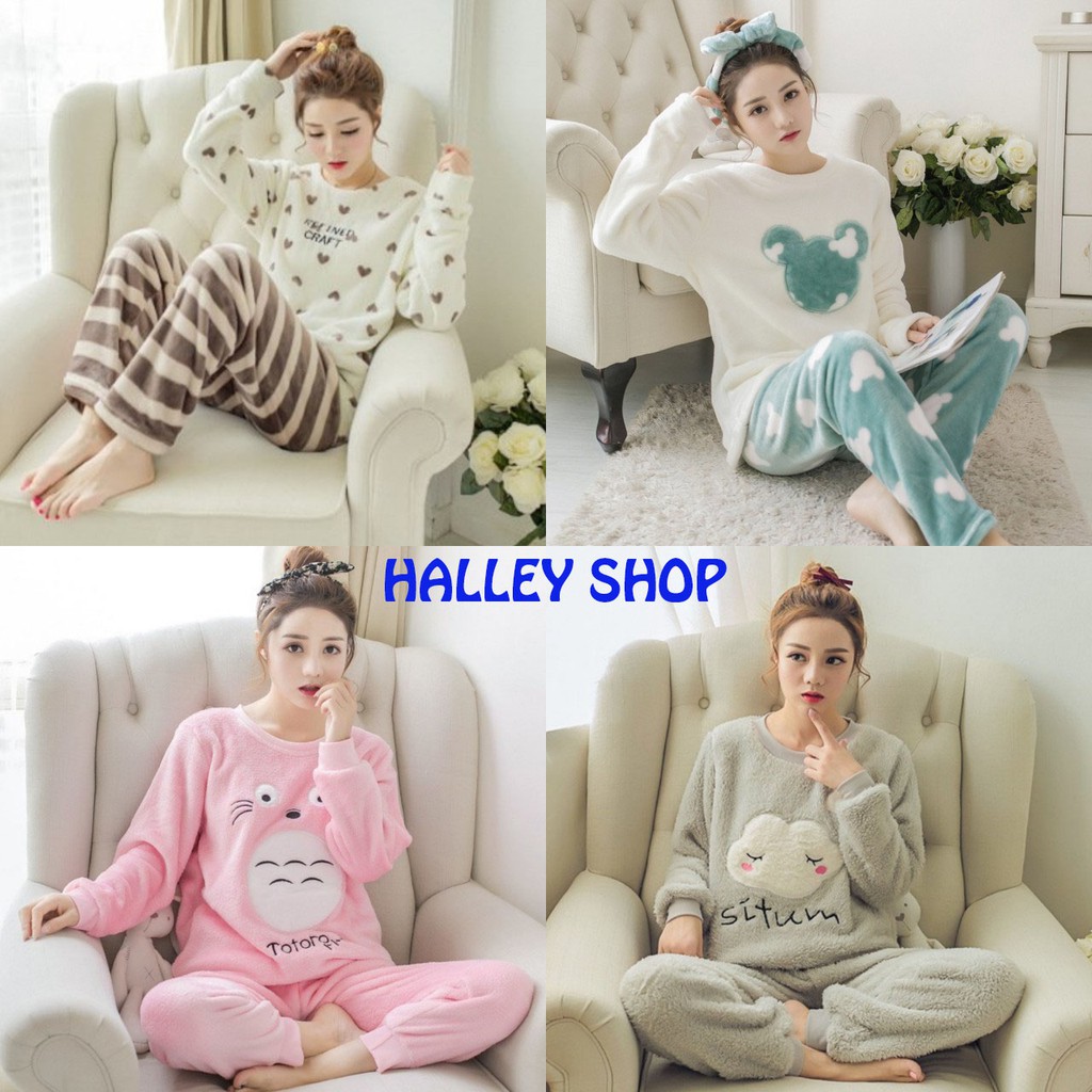 pijama, quần áo mặc nhà dài tay thu đông xuân nhung bông, nỉ lông, ấm áp QA08