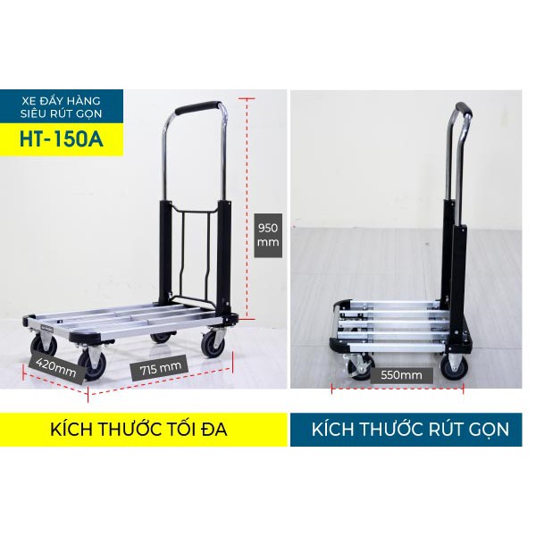 Xe đẩy kéo hàng 4 bánh siêu gấp gọn sàn sắt 150kg nhập khẩu ADVINDEQ HT-150A - Sàn xe điều chỉnh 2 mức, bảo hành 1 năm