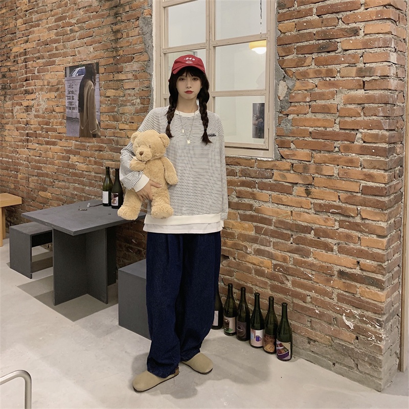 Áo Sweater Dáng Rộng Phối Họa Tiết Kẻ Sọc Đơn Giản Thời Trang Mùa Thu Cho Nữ