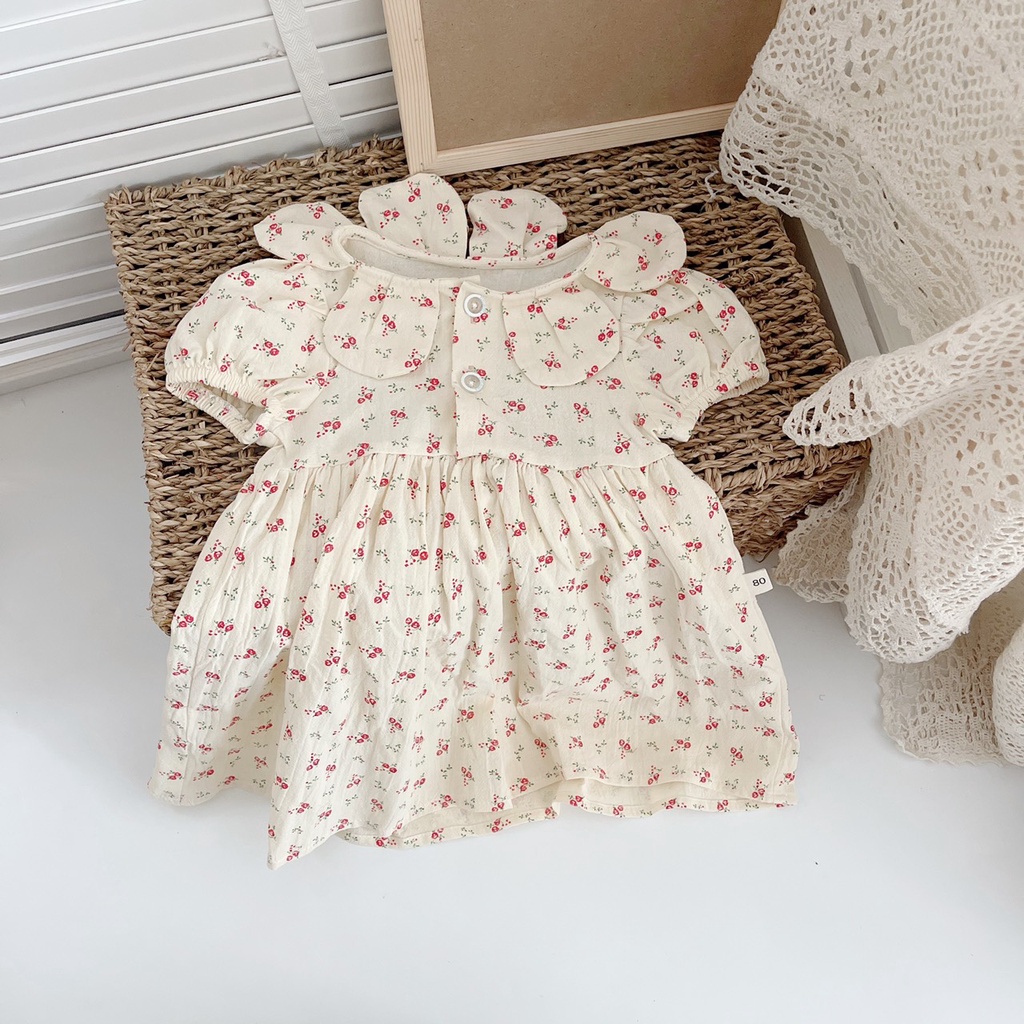 Váy hè cộc tay cổ hoa cho bé gái 8-21kg - Chất thô cara mát