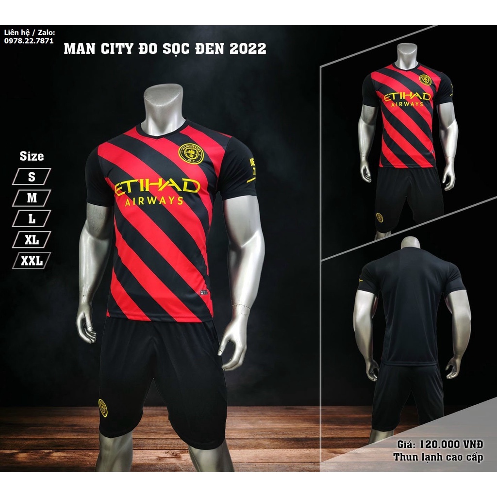 Bộ quần áo bóng đá, đồ đá banh Manchester City Sân Khách Đỏ Đen 2022-2023 Vải Thun Lạnh Cao Cấp