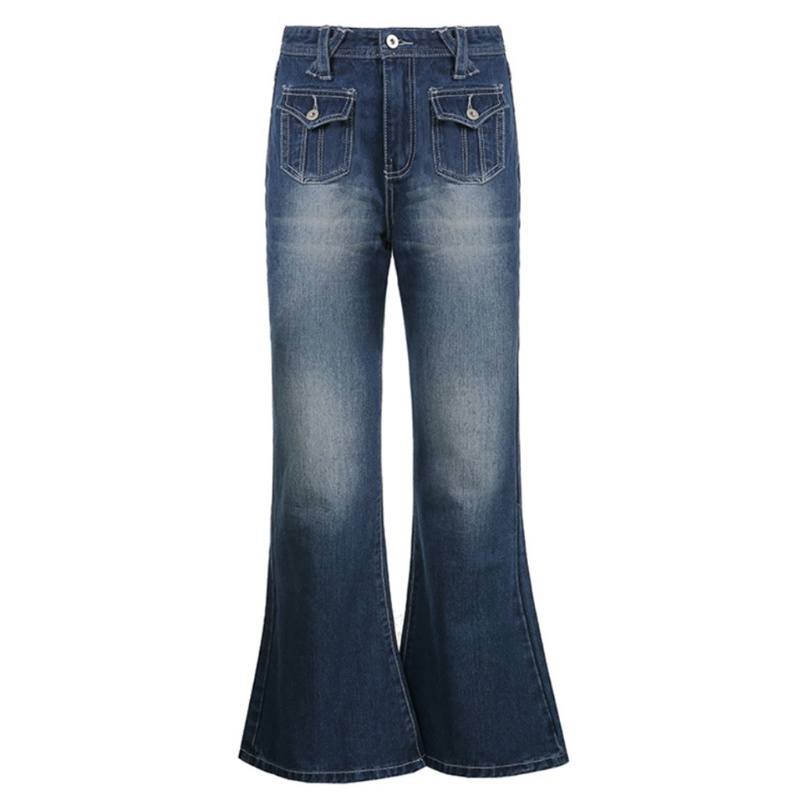 Quần jeans lưng thấp ống loe phối túi phong cách cổ điển cho nữ