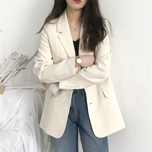 (Hàng có sẵn ) Siêu phẩm áo Blazer màu trắng kem chất đẹp (có ảnh chụp thật) NoBrand