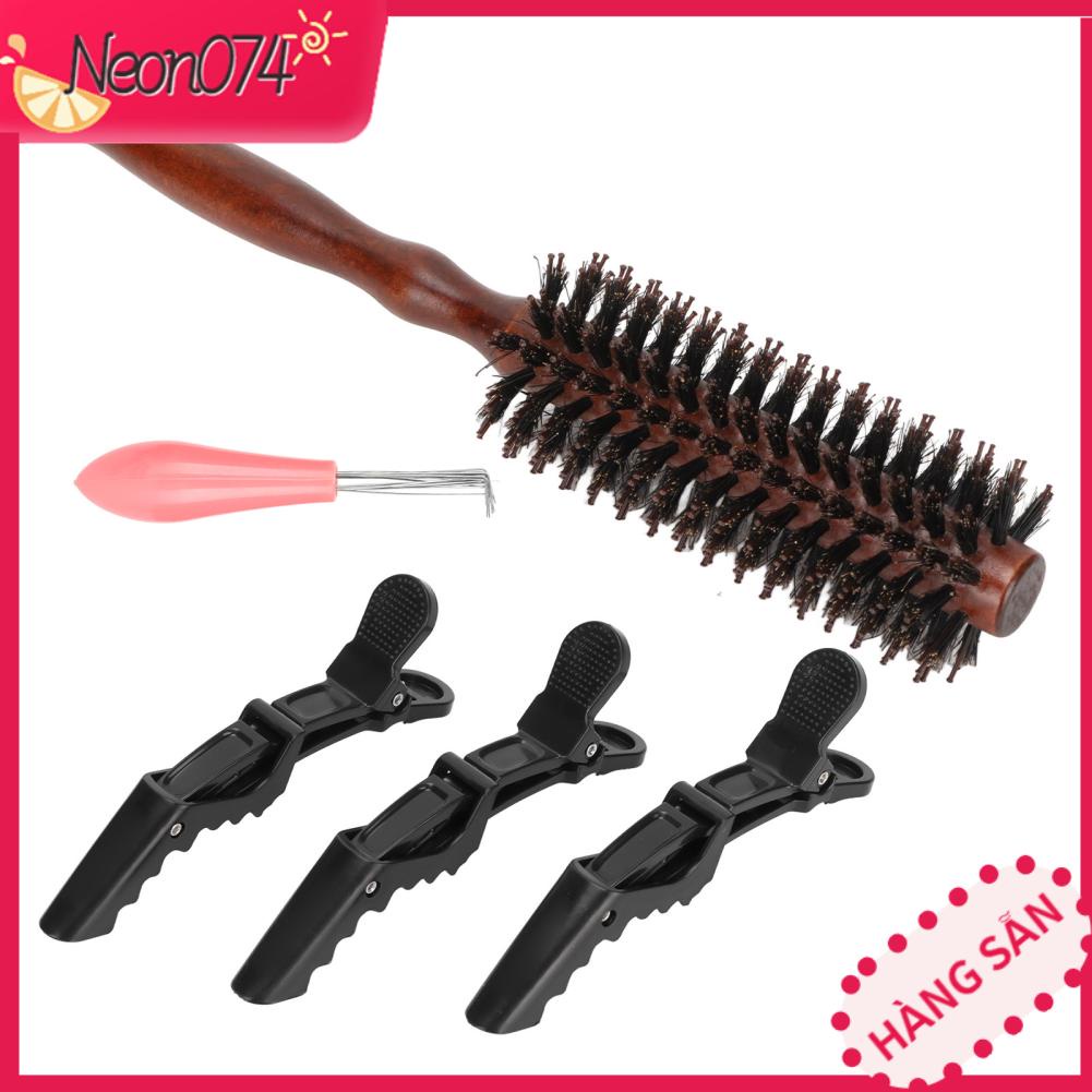 Neon074 Bàn chải tròn Wodden lông Bộ bàn tóc Thổi khô vịt kẹp mỏ