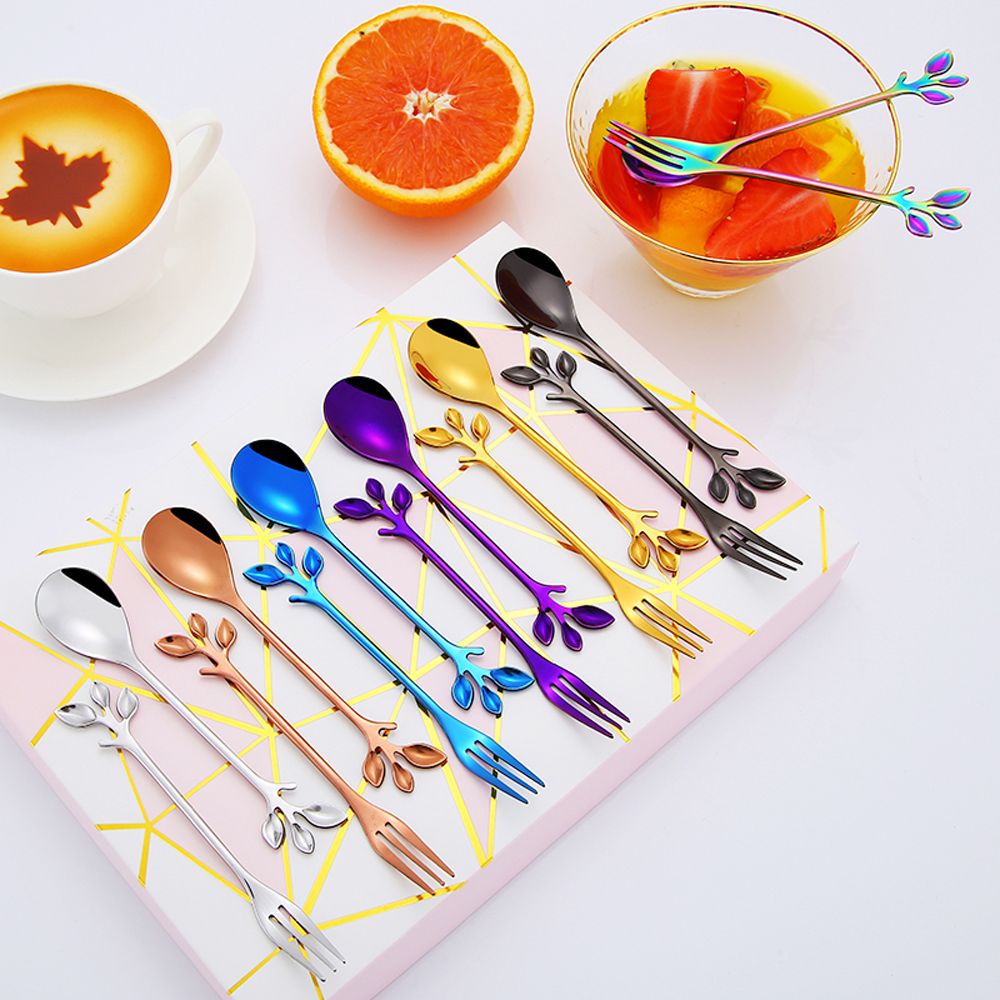 Muỗng cà phê bằng thép không gỉ thiết kế hình nhánh lá nhiều màu sắc độc đáo