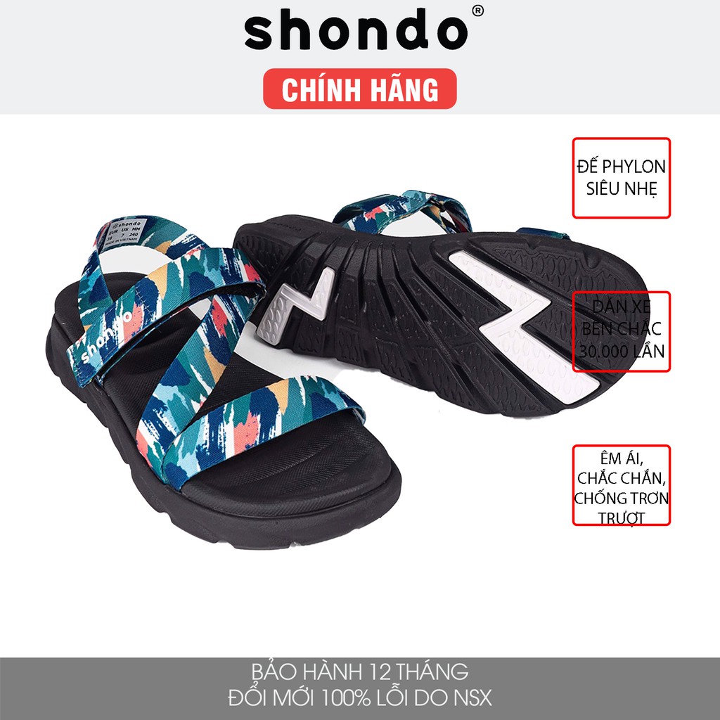 Giày Shondo sandal nam nữ F6 sport - đế bằng đế đen quai vệt xanh dương F6S1030