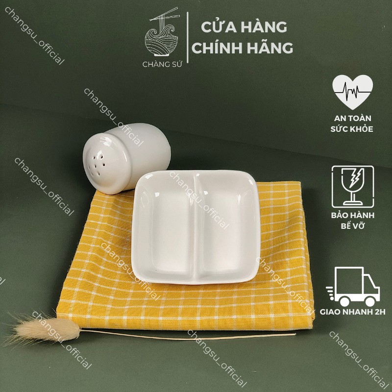 Đĩa chấm 2 ngăn trắng trơn đựng gia vị, tương cà, muối tiêu, xì dầu, nước mắm - Chén gia vị chia ngăn sứ Minh Châu