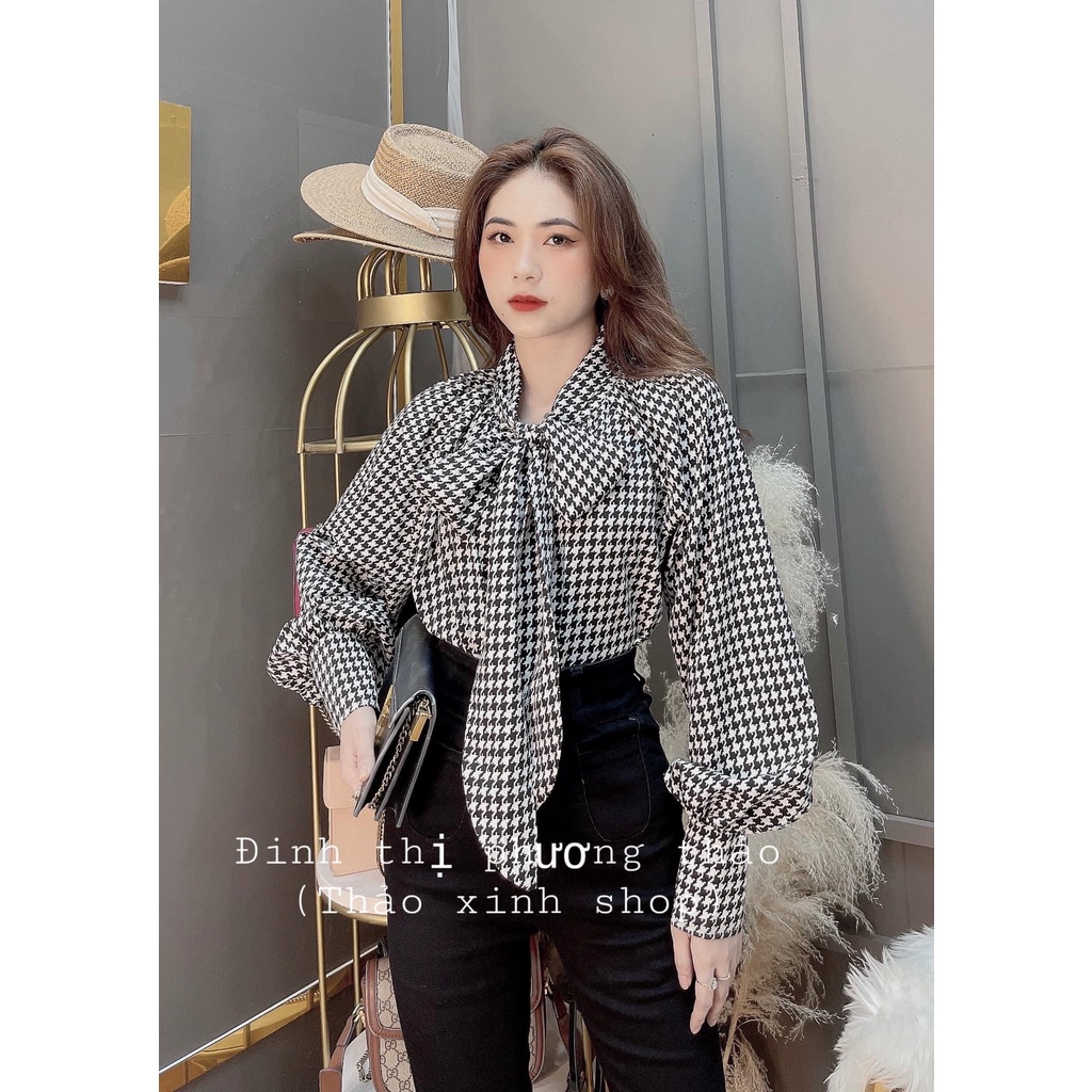 Áo sơ mi kẻ thắt nơ tay bồng