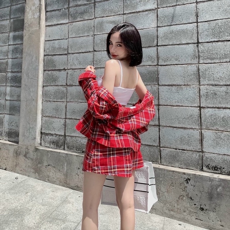 Sét váy 3 món thời trang nữ mặc đi chơi chất kakte bố caro đen đỏ kèm áo lót cotton sang chảnh