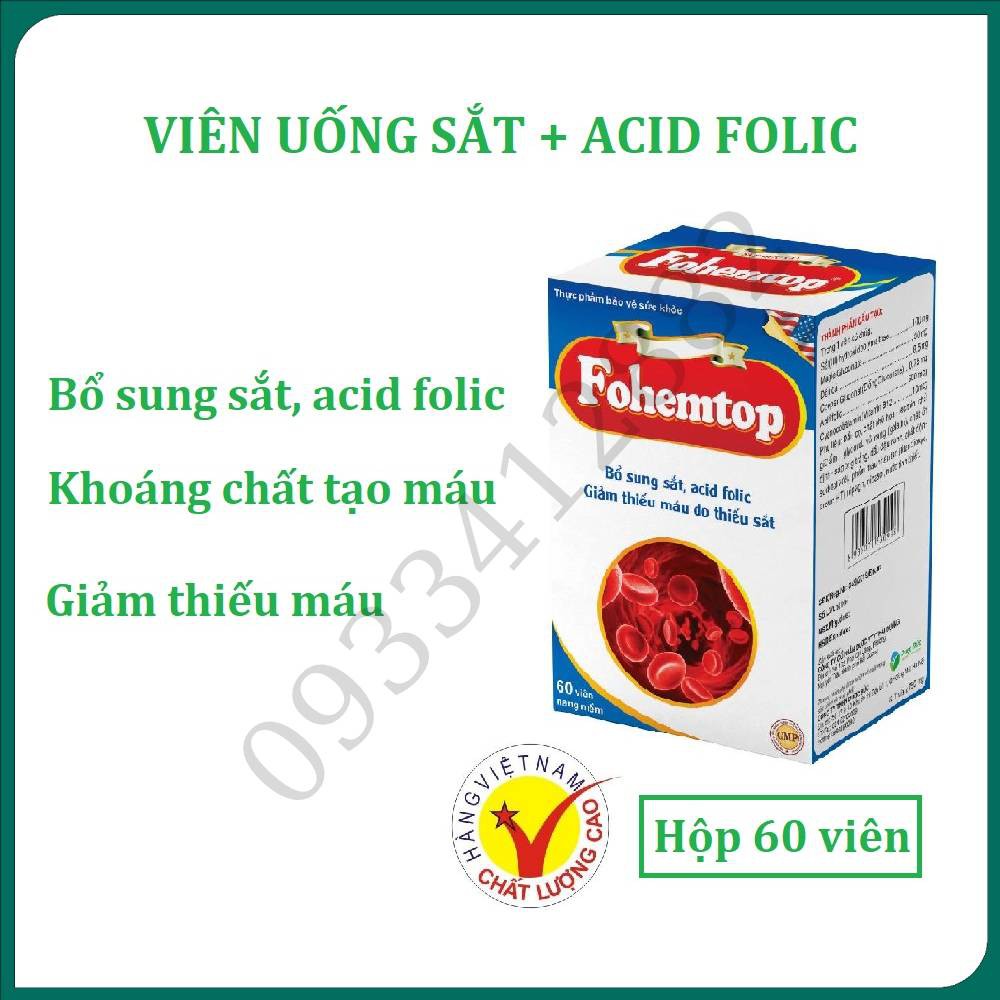 Fohemtop viên nang mềm - Bổ sung sắt, acid folic, giảm thiếu máu do thiếu sắt - hộp 60 viên Hàng Chính Hãng Công Ty