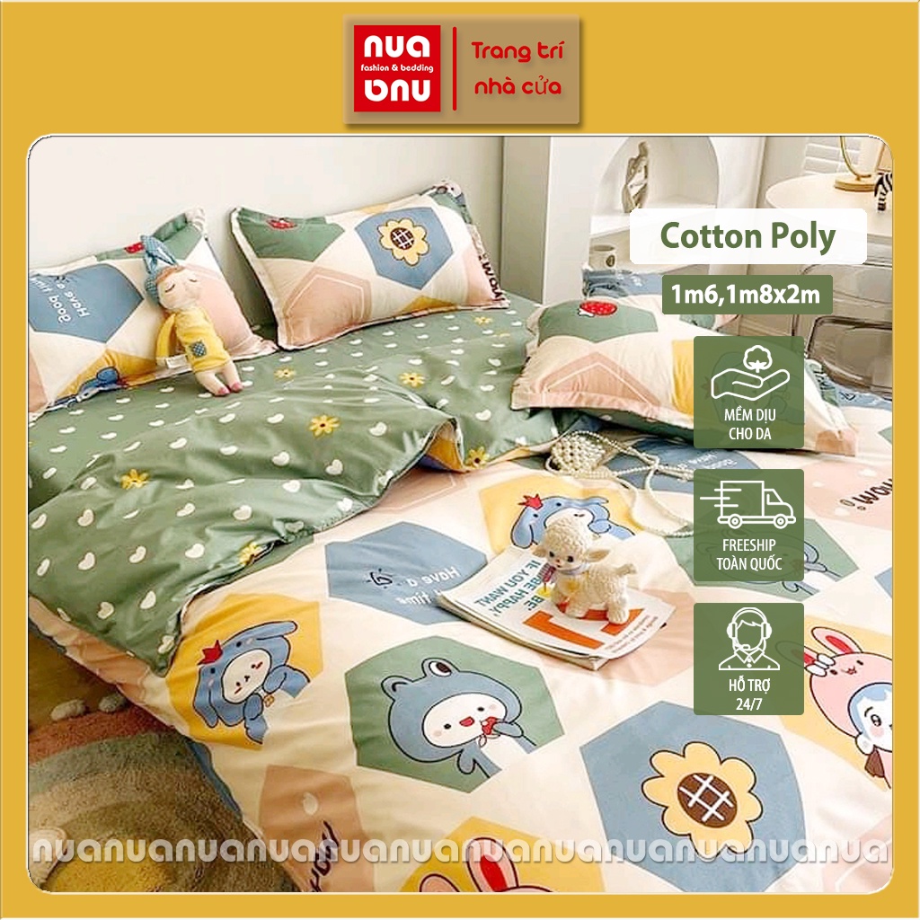 Bộ chăn ga cotton poly bọc đệm nệm lồng ruột chăn họa tiết loài vật chuột mickey khủng long kute trang trí giường ngủ