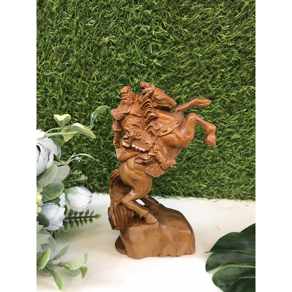 Tượng Quan Công Cưỡi Ngựa Cao 15cm Bẳng Gỗ Bách Xanh