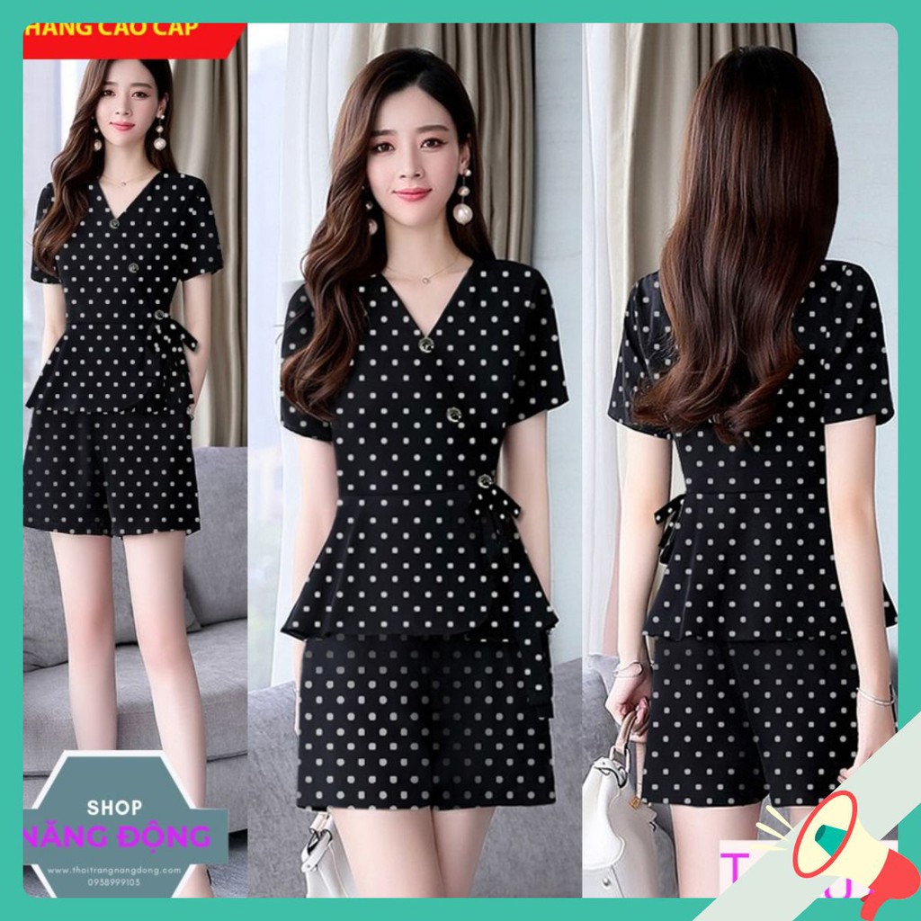 Set nguyên bộ quần short chấm bi thắt nơ eo xinh xắn TJ1075