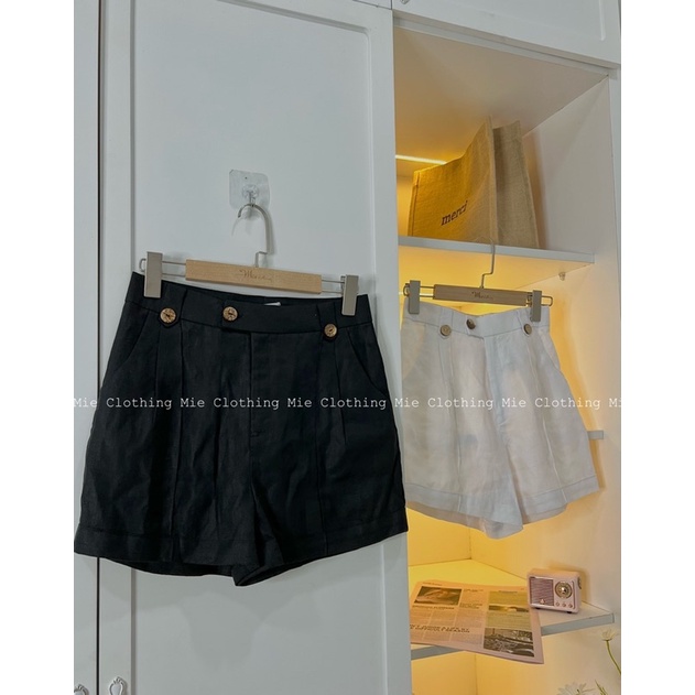 MIE MIN Short linen cúc gỗ