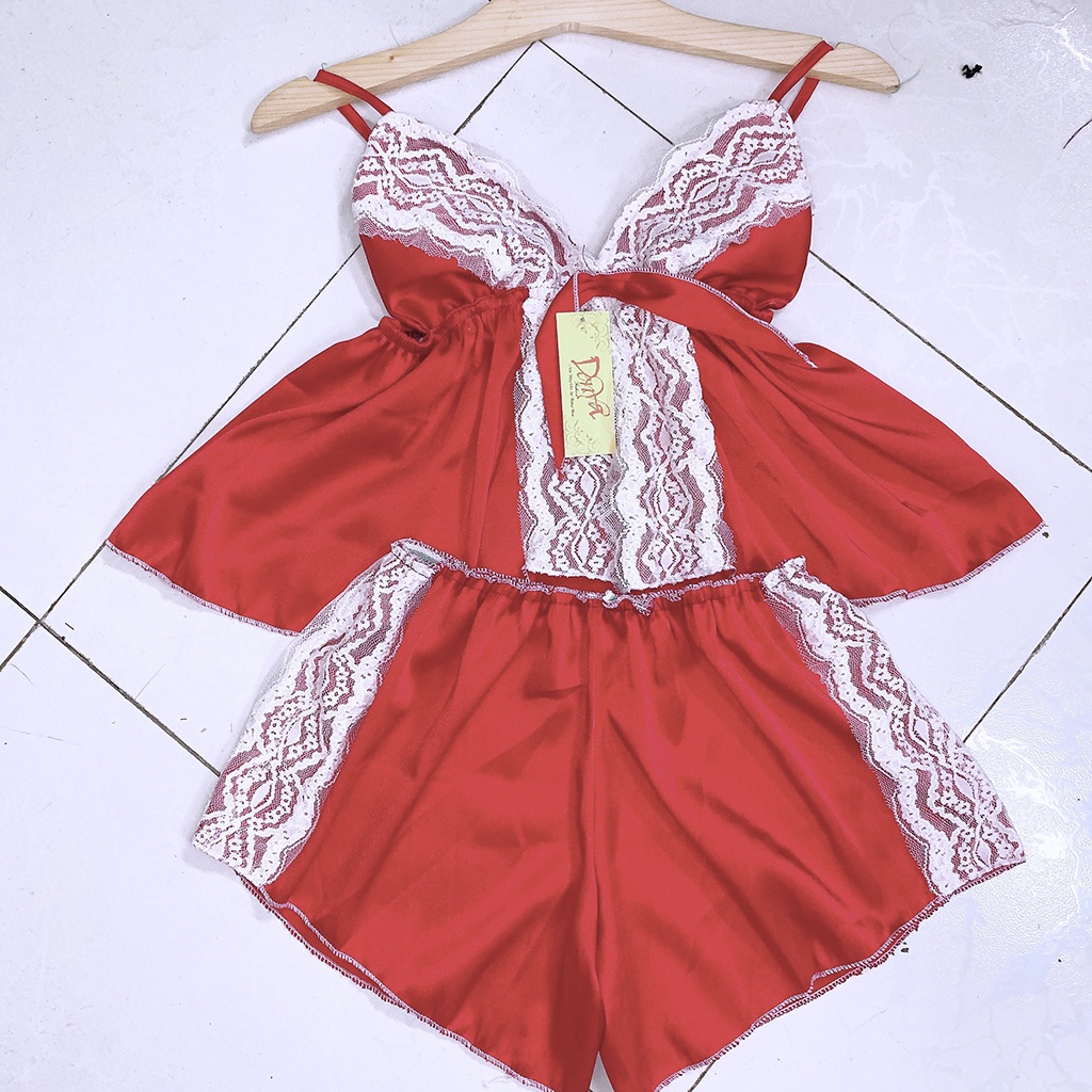 Đồ ngủ 2 dây⭐️ FREE SHIP ⭐️ Đồ ngủ nữ có mút tháo rời, đính nơ ngực và viền ren, kiểu sexy, DN28