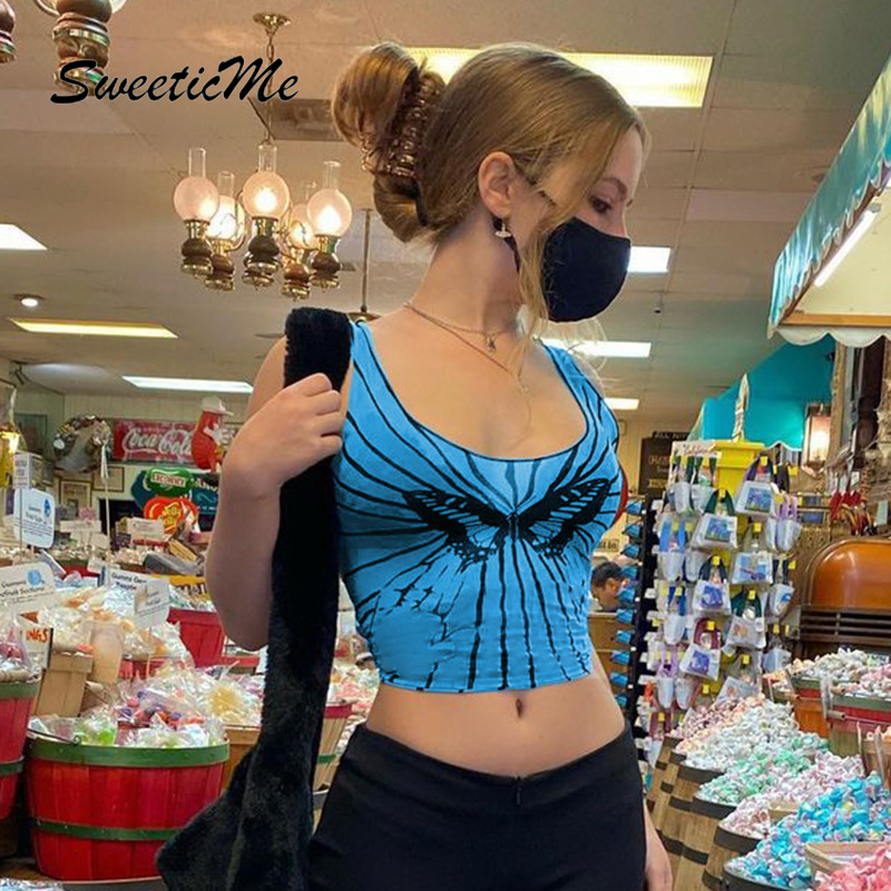 Áo Croptop Sát Nách In Hình Bướm Phối Màu Tương Phản Quyến Rũ Cho Nữ 2021 | BigBuy360 - bigbuy360.vn