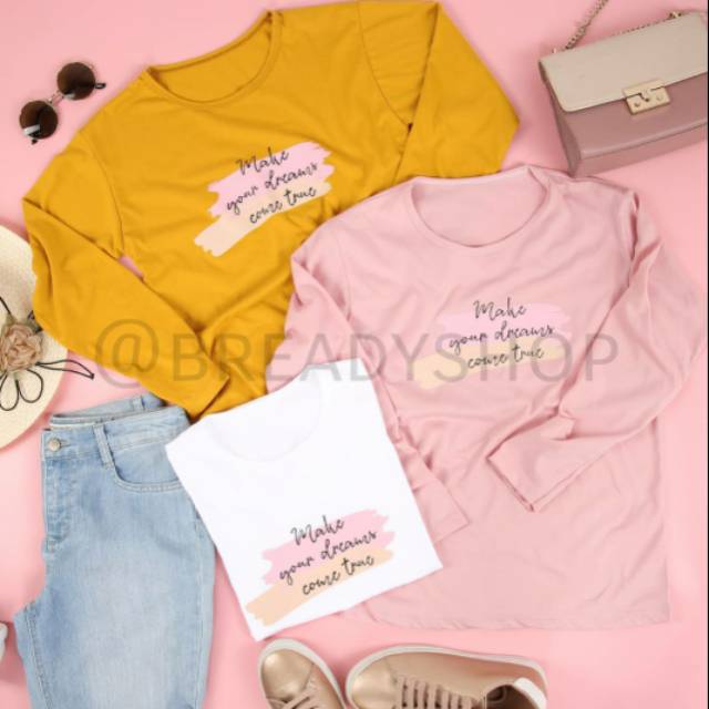 BERSHKA Áo thun ngắn tay in chữ Make YOUR DREAM TSHIRT | Áo thun nữ in chữ TUMBLR TEE DISNEY WHITE BABYPINK MUSTARD