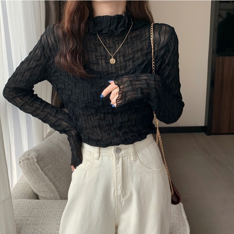 Áo lưới ren mỏng tay dài cổ cao thời trang cho nữ MS77