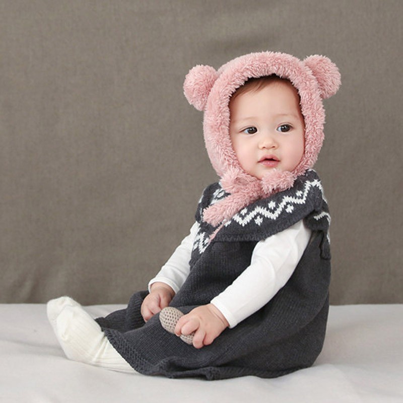 Mũ beanie Trùm Đầu Đính Quả Bông Dễ Thương Cho Bé