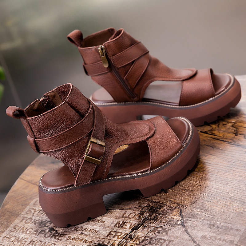 Giày xăng đan đế dày có khóa kéo phía sau phong cách Harajuku Retro thời trang đơn giản cho nữ