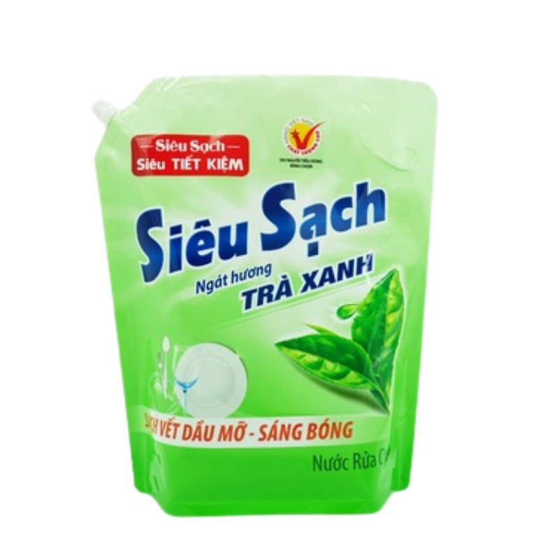 Nước rửa chén LIX 1.5KG siêu sạch hương trà xanh loại túi N8102 làm sạch vết bẩn dầu mỡ không hại da tay