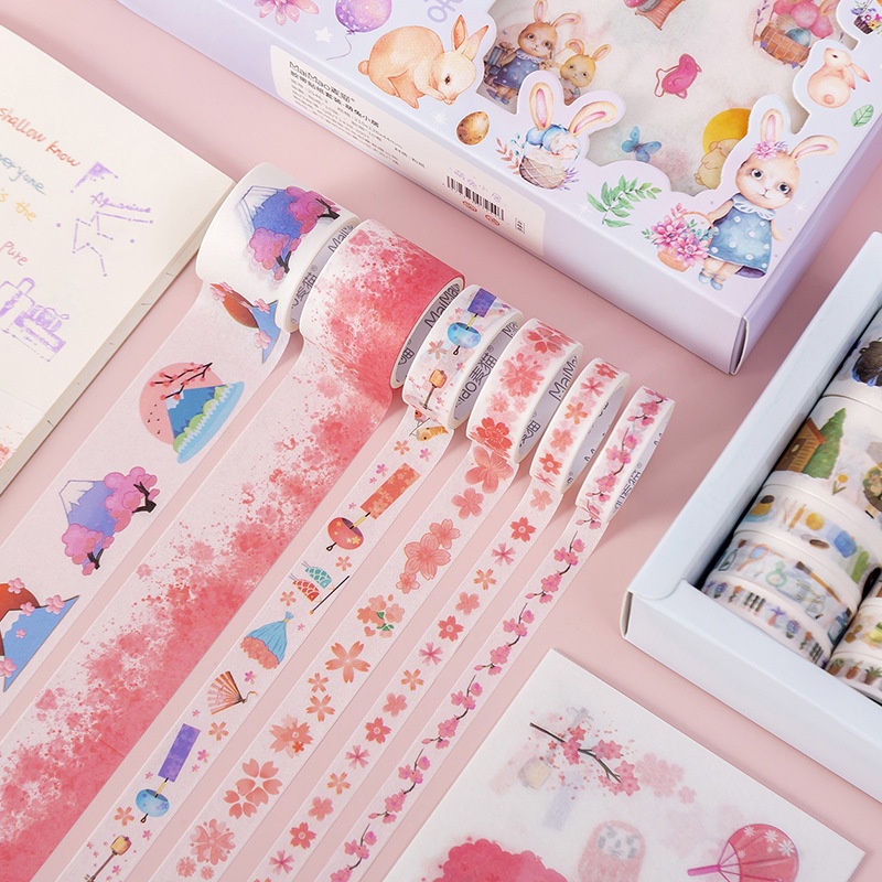 Hộp 10 cuộn washi tape + sticker nhiều hình cute dễ thương, băng dính washi tape CREAMY