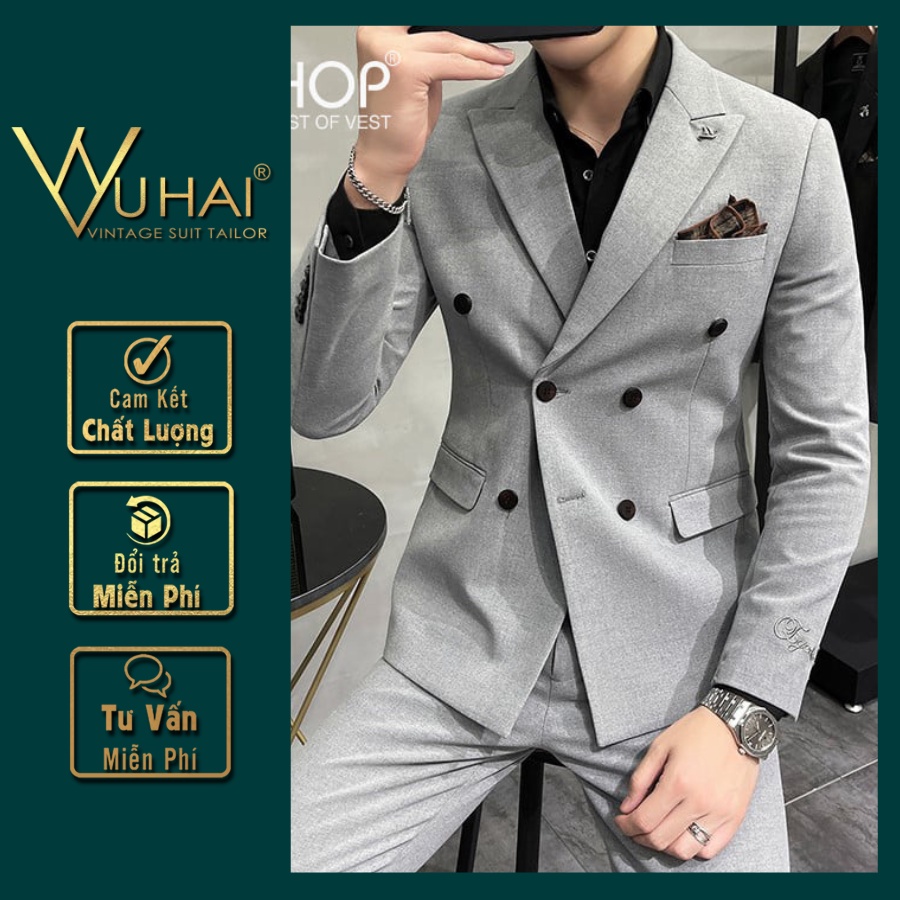 Vest Nam đẹp 6 cúc màu ghi xám, Áo Blazer nam phong cách Hàn Quốc M033
