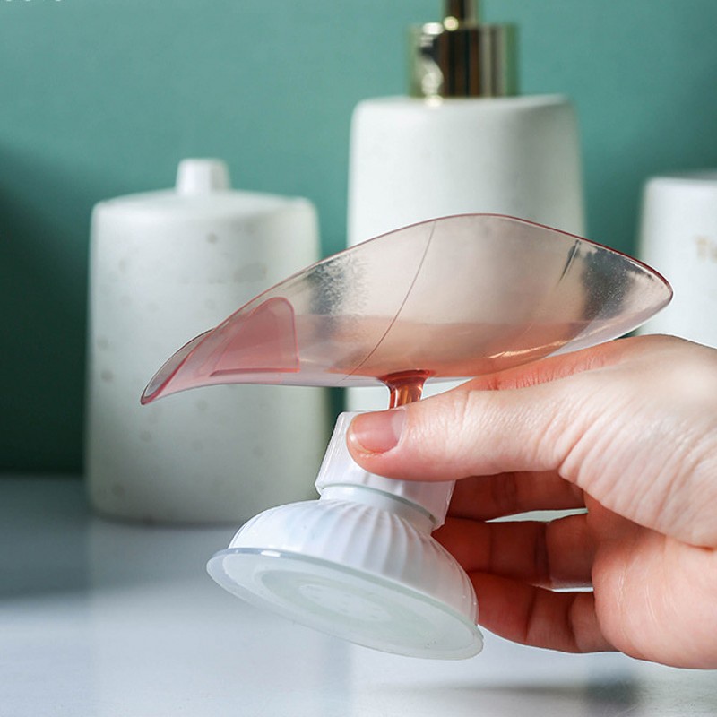 Giá giữ xà phòng cục thoát nước hình chiếc lá có giác hút không cần khoan lỗ xoay được sáng tạo