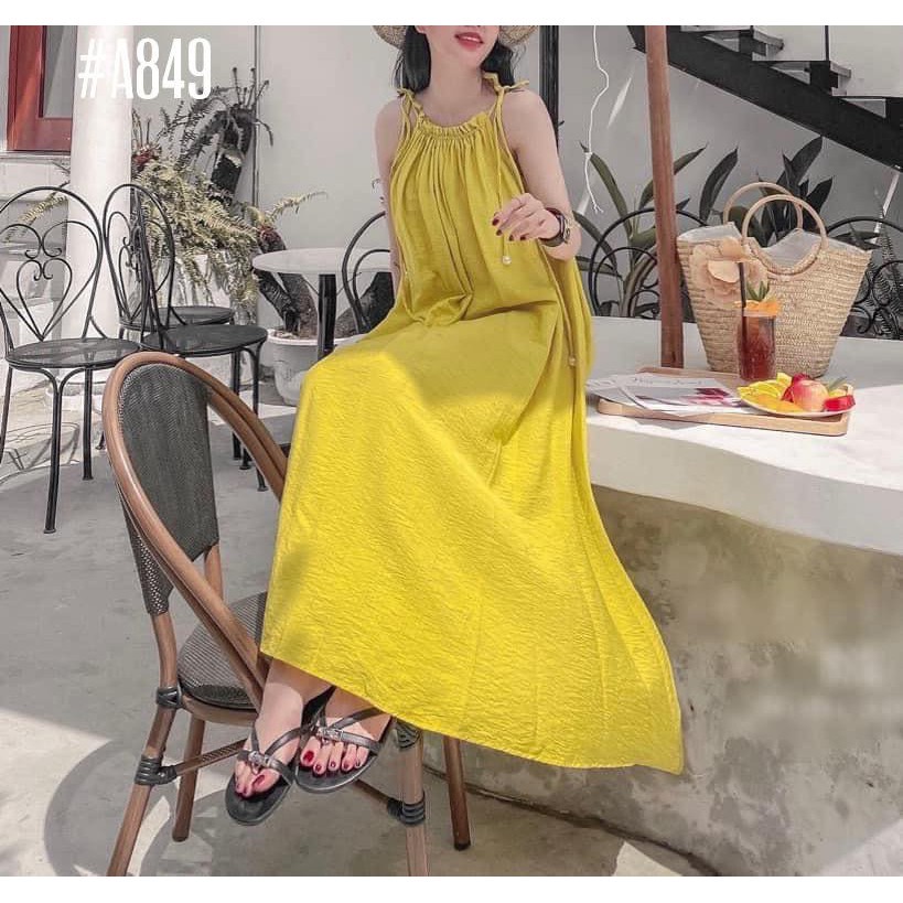 Đầm maxi xòe 2 dây cổ yếm buộc nơ form suông