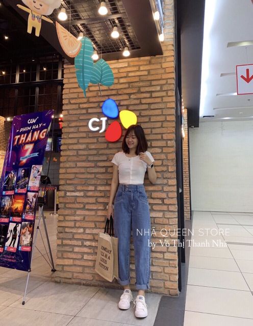 Quần baggy jeans cạp cao hai nút đôi túi mổ kèm ảnh thật | BigBuy360 - bigbuy360.vn