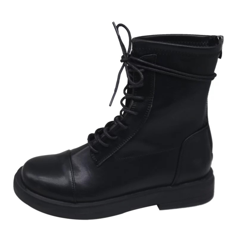 Boot Bốt Da Nữ Cao Cổ Dây Buộc Trước Đan 2 Kiểu Cá Tính Khóa Kéo Sau Mới