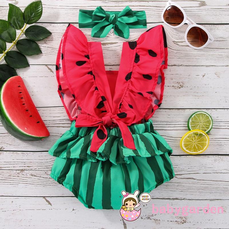 Bộ Áo Liền Quần Tay Cánh Tiên In Họa Tiết Dưa Hấu Kèm Băng Đô Xinh Xắn Cho Bé Gái 0-2 Tuổi