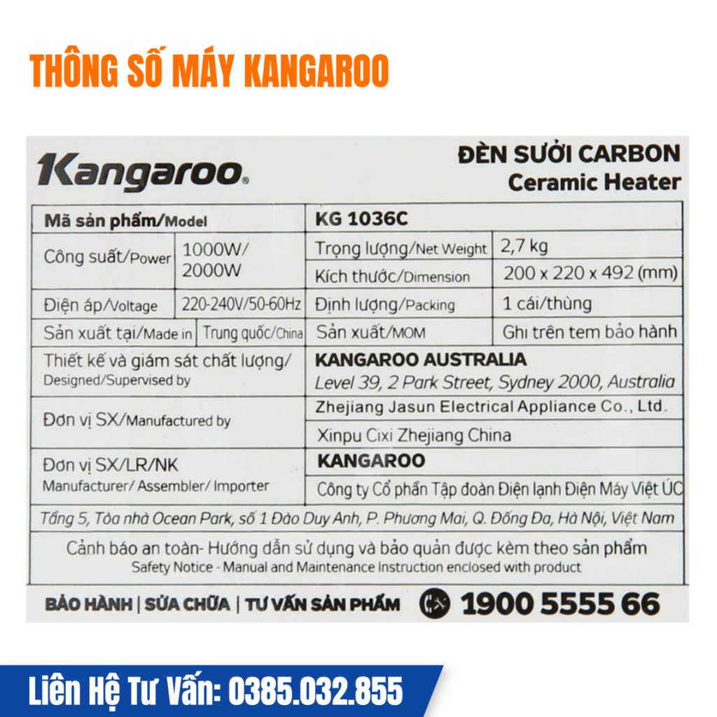 Quạt sưởi gốm ceramic Kangaroo KG1036C 2000W, làm ấm nhanh, không đốt cháy oxi, không làm khô da