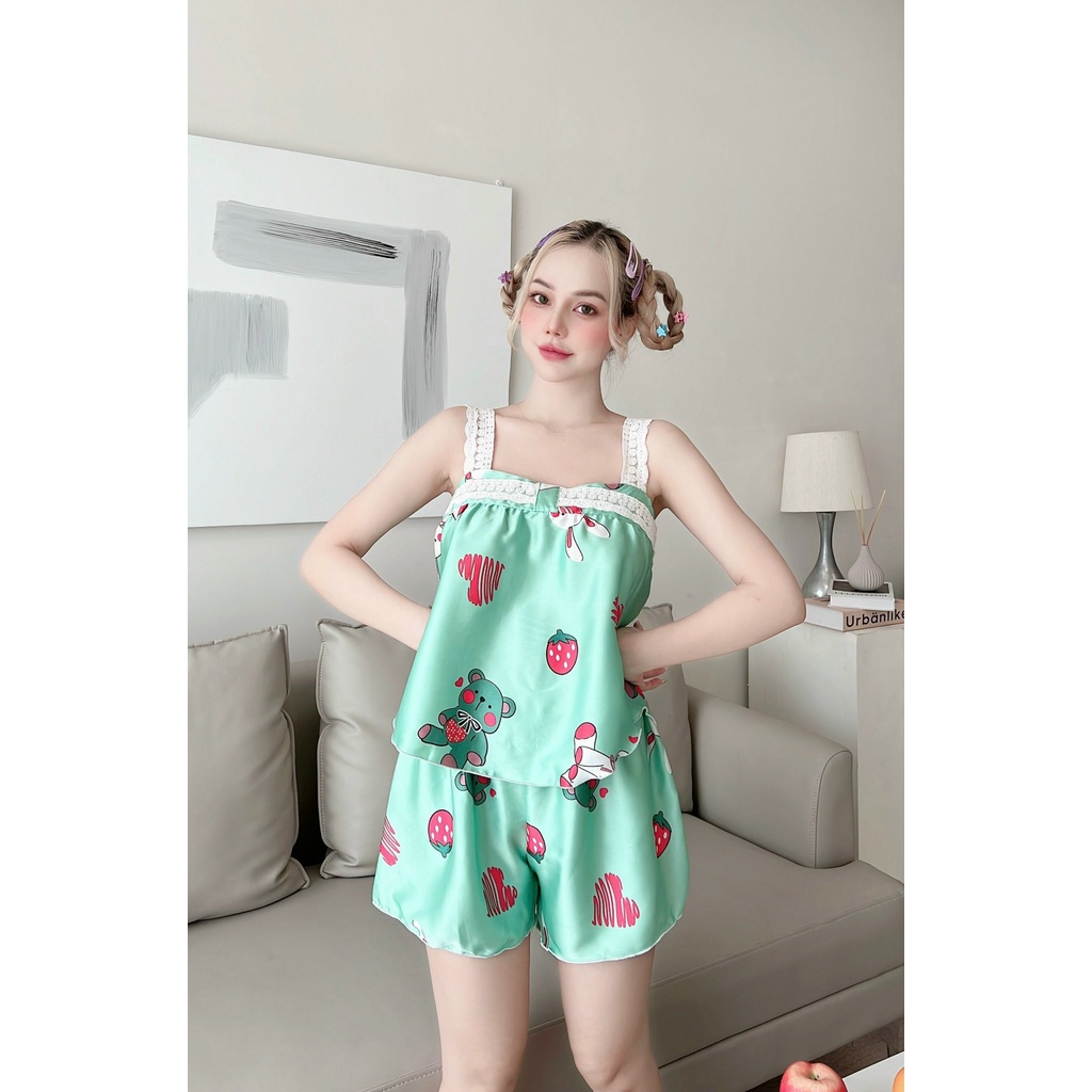 Đồ ngủ nữ đùi mặc nhà, bộ dây satin bản to phối ren- Phuongaliceshop